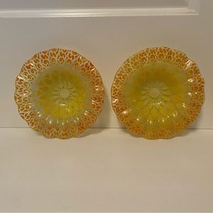 SYDENSTRICKER ART GLASS SIGNED PAIR 2 BOWLS YELLOW ORANGE FLOWER 6.75” HOME